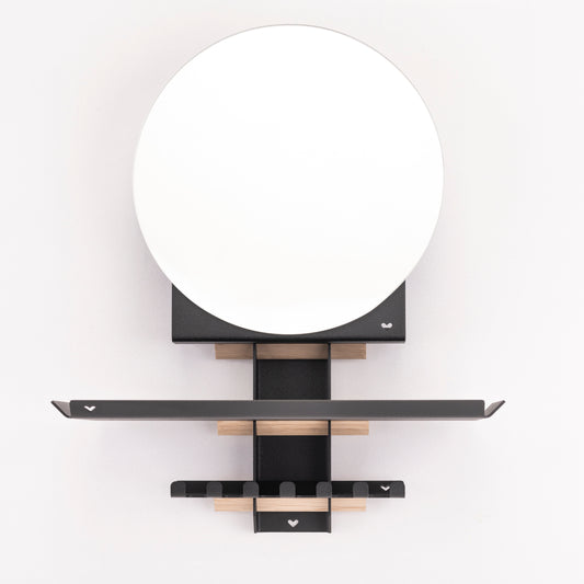 Gang spiegel met plankje en haakjes in zwart 